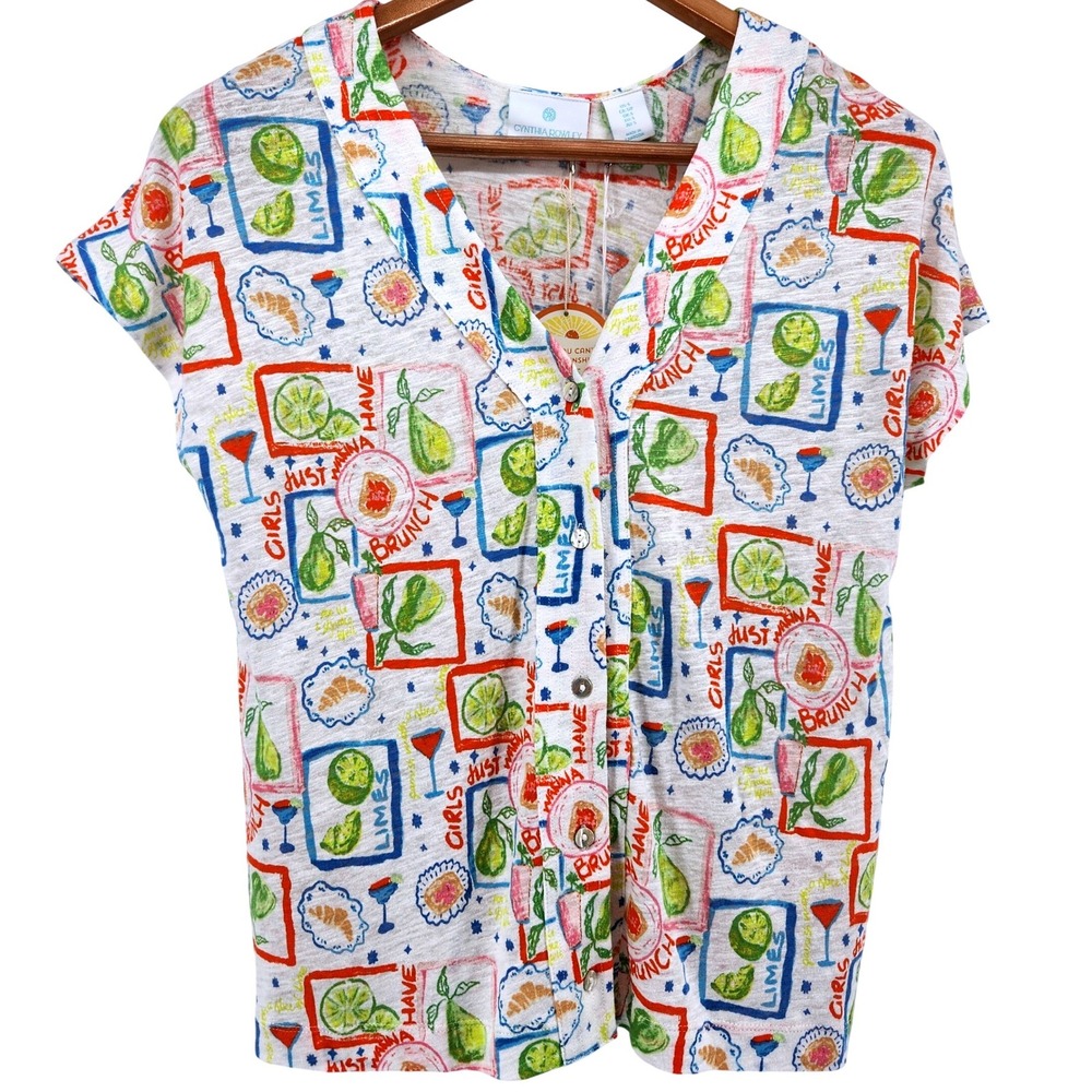 NWT Cynthia Rowley Girls Just Wanna Have Brunch Shirt Small White Linen Blend